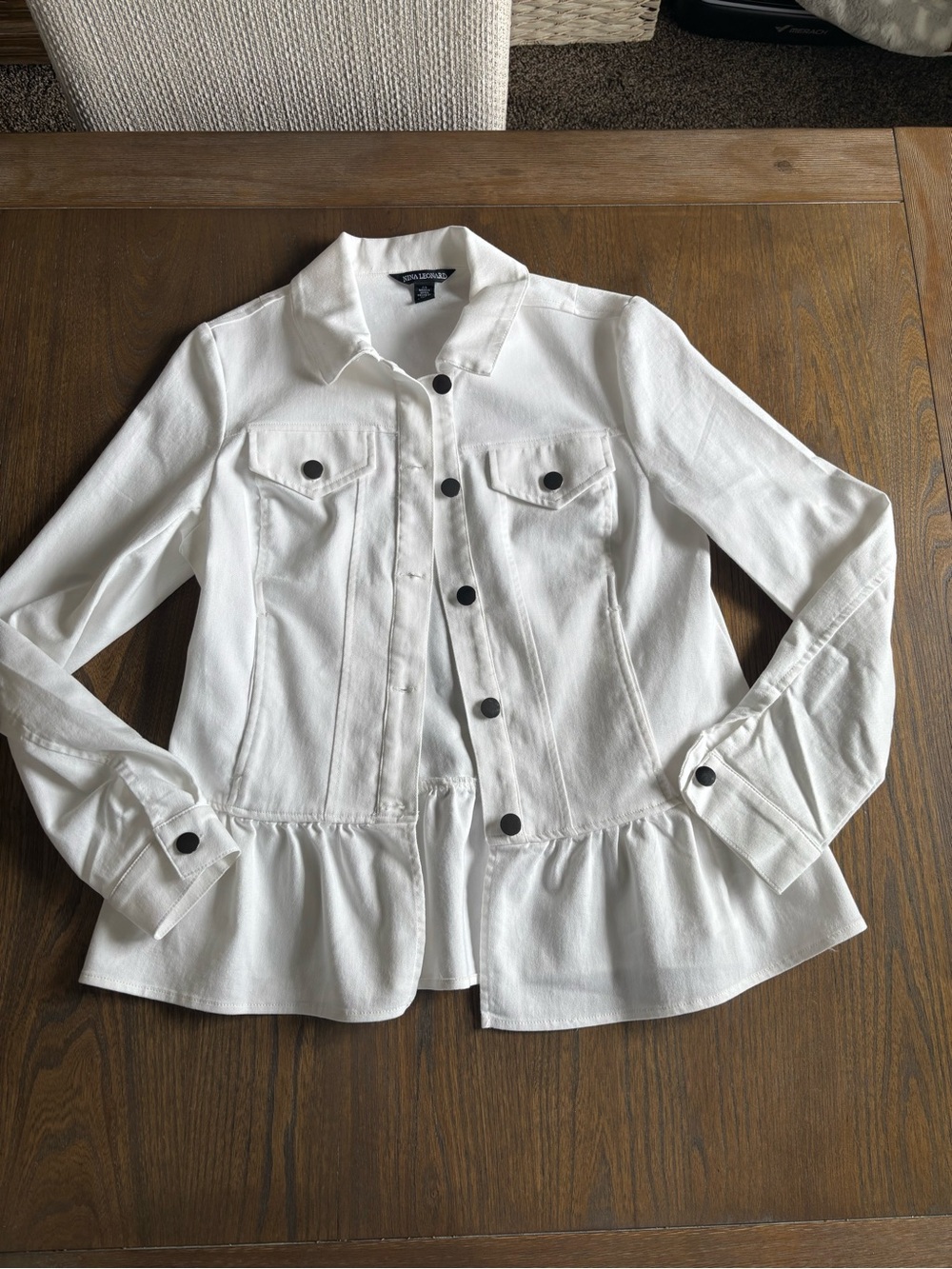 Nina Leonard White Peplum Jean Jacket with Black Buttons